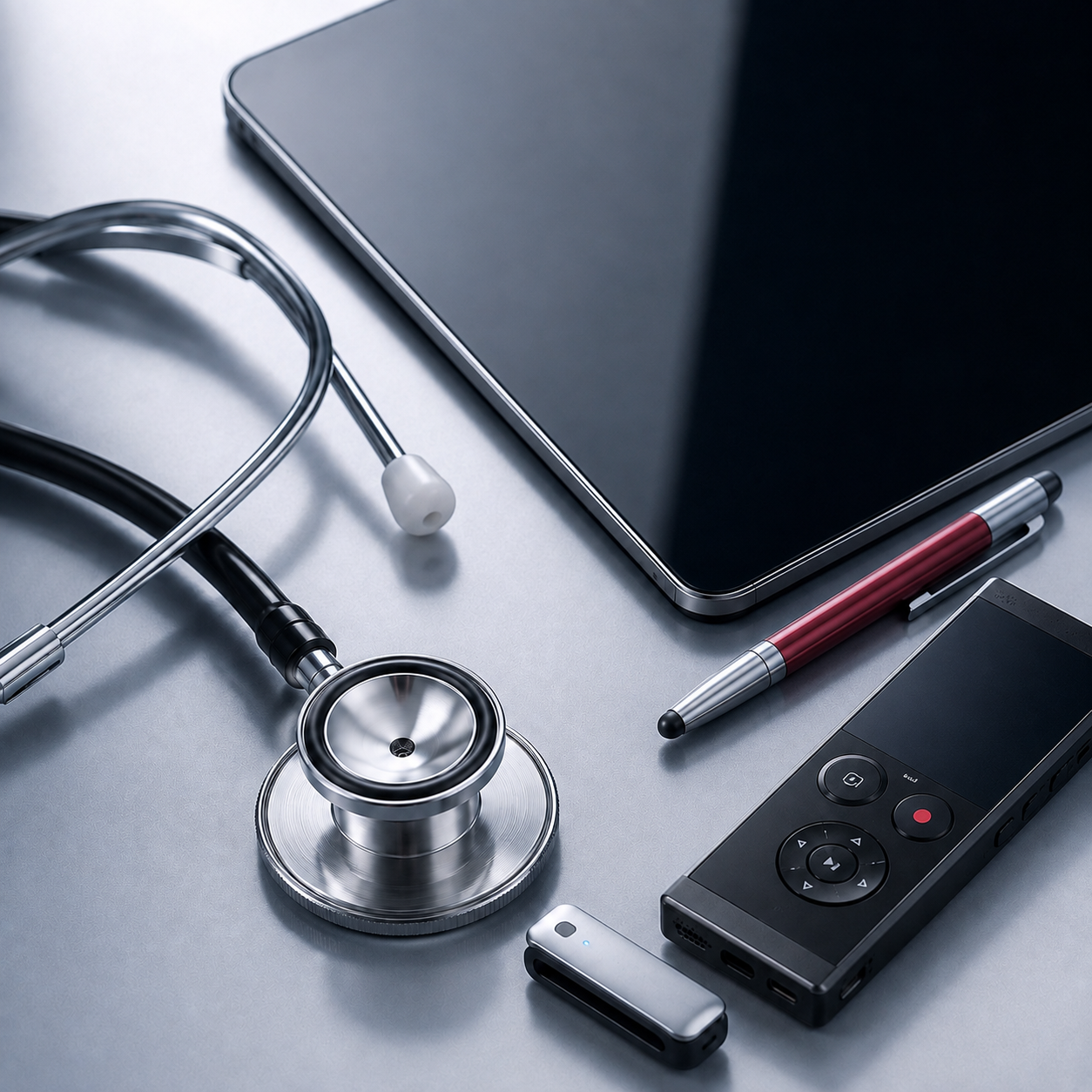 Stethoscope, tablet, and digital devices representing connected healthcare operations